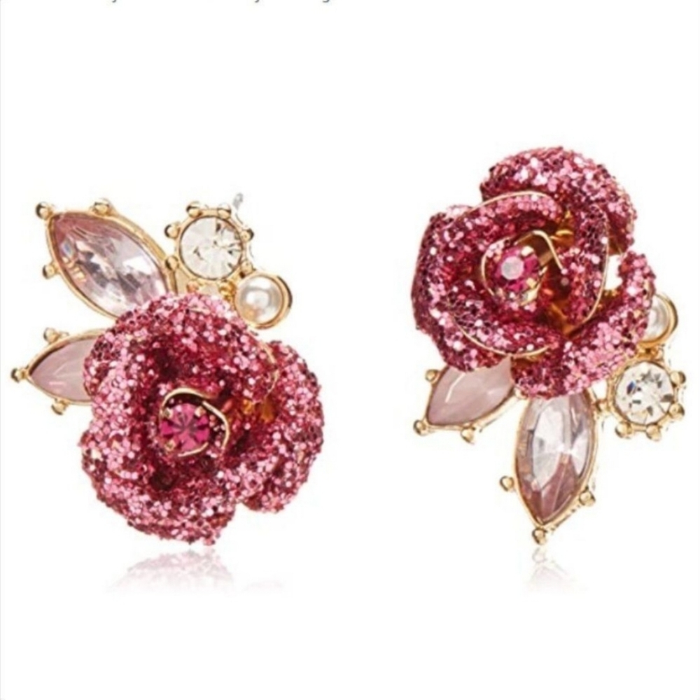 🌺 Betsey Johnson glitter rose & crystal earrings 🌺